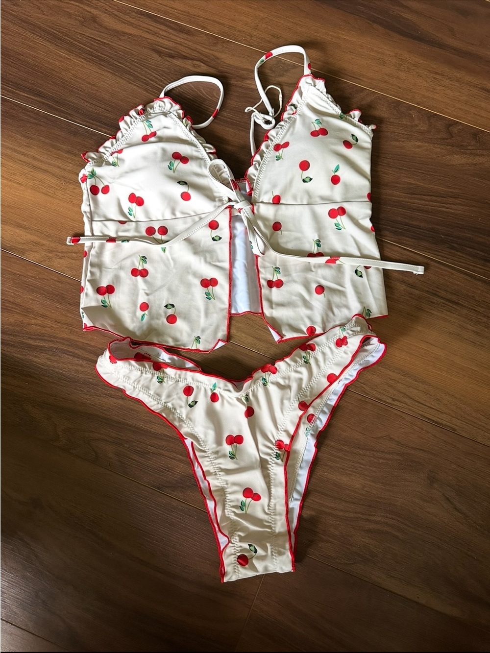 SEAMOLLY Vintage Cherry Print Ruffle Bikini Set | Tankini & High Cut Cheeky